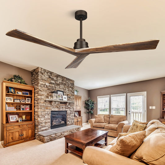 60" Farmhouse 3 Wood Blades Nostalgia Walnut Ceiling Fan no Light with Remote